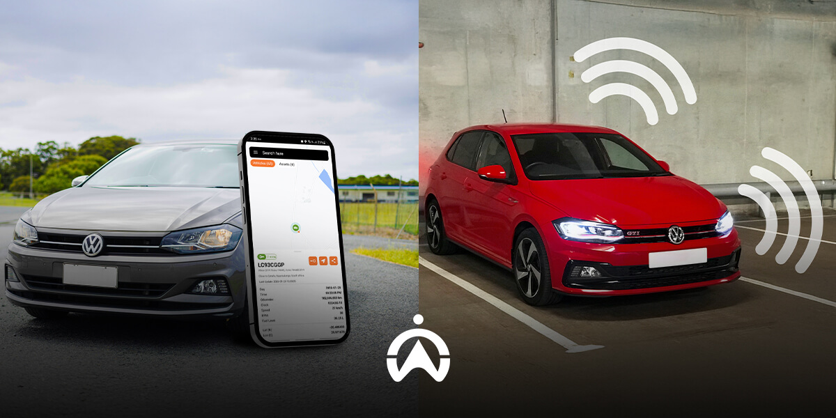A black Volkswagen Polo alongside a smartphone displaying its location, with a red Polo parked and connectivity symbols in the background.