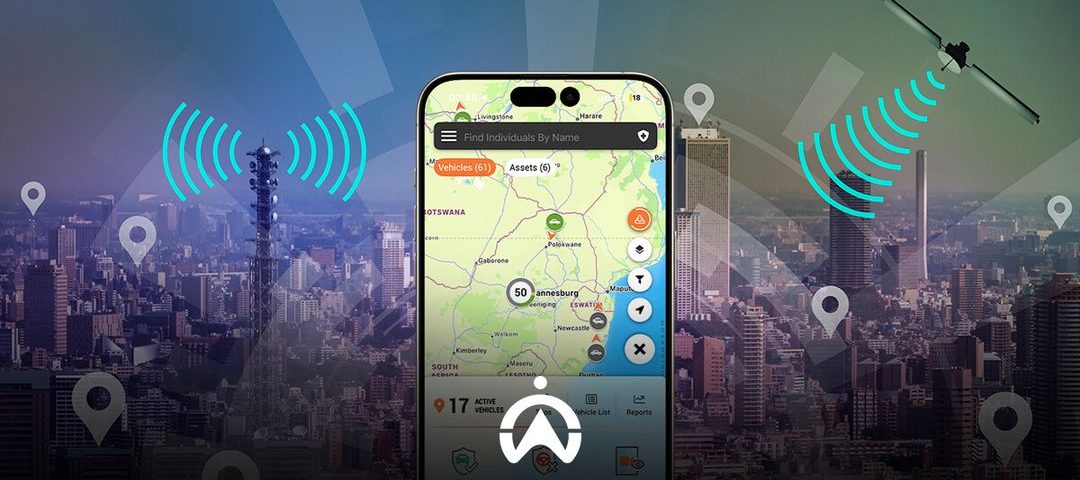 A smartphone displaying a tracking map, surrounded by city skyline, signals, and location markers, emphasizing vehicle tracking technology.