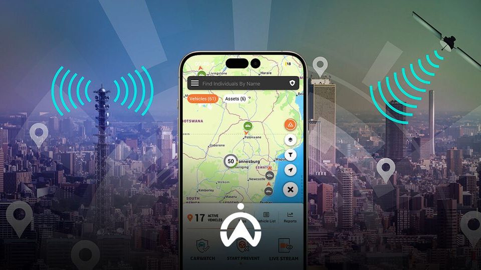 A smartphone displaying a tracking map, surrounded by city skyline, signals, and location markers, emphasizing vehicle tracking technology.
