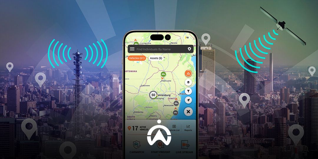 A smartphone displaying a tracking map, surrounded by city skyline, signals, and location markers, emphasizing vehicle tracking technology.