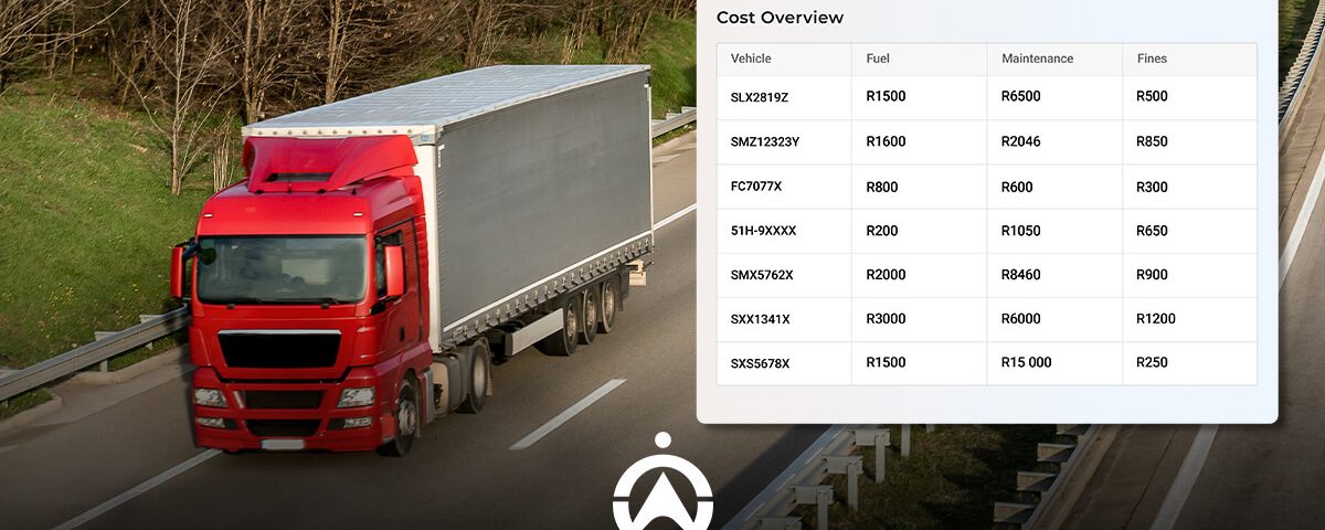 A red truck on the road beside a cost overview table, detailing vehicle expenses for fuel, maintenance, and fines.
