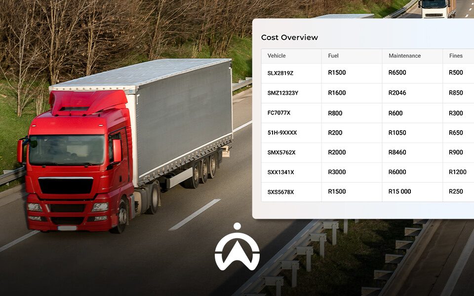 A red truck on the road beside a cost overview table, detailing vehicle expenses for fuel, maintenance, and fines.