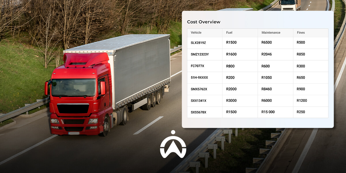 A red truck on the road beside a cost overview table, detailing vehicle expenses for fuel, maintenance, and fines.