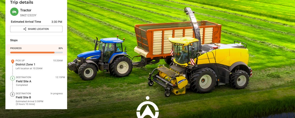 Two tractors work in a green field, with trip details displayed on the left, indicating progress and destinations for a farming task.