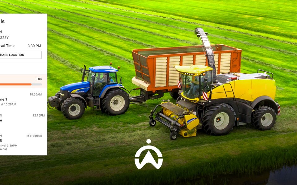 Two tractors work in a green field, with trip details displayed on the left, indicating progress and destinations for a farming task.
