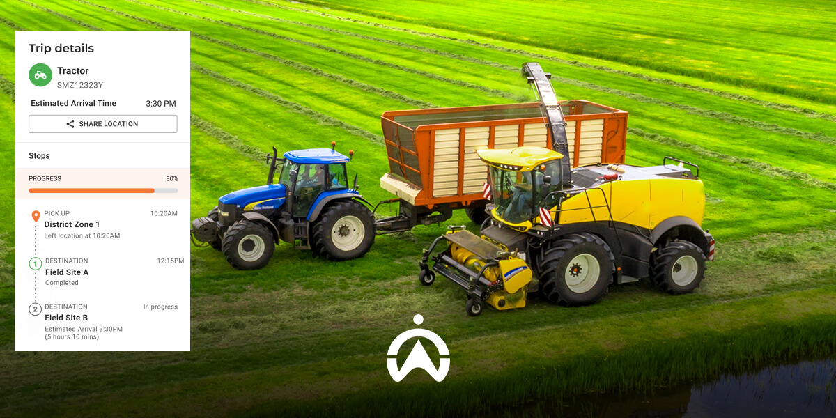 Two tractors work in a green field, with trip details displayed on the left, indicating progress and destinations for a farming task.
