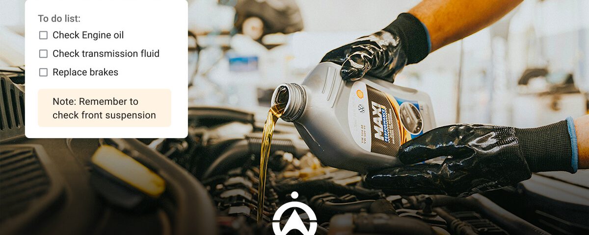 A mechanic in gloves pours engine oil into a car, alongside a checklist of maintenance tasks and a reminder to check front suspension.