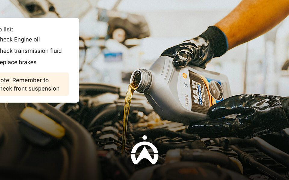 A mechanic in gloves pours engine oil into a car, alongside a checklist of maintenance tasks and a reminder to check front suspension.