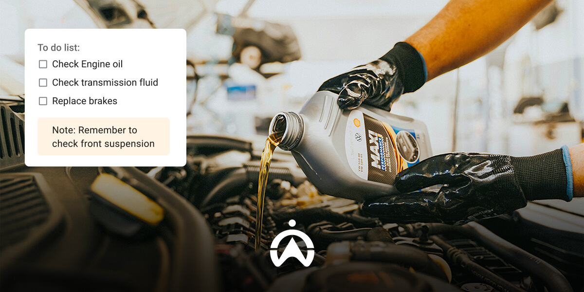 A mechanic in gloves pours engine oil into a car, alongside a checklist of maintenance tasks and a reminder to check front suspension.