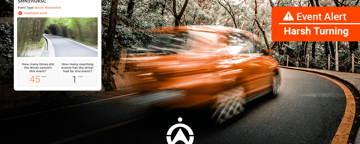 An orange car navigates a winding road, alongside an event alert for harsh turning and driver distraction statistics.