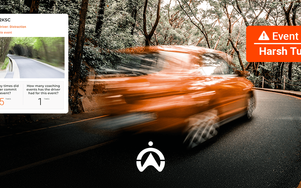 An orange car navigates a winding road, alongside an event alert for harsh turning and driver distraction statistics.