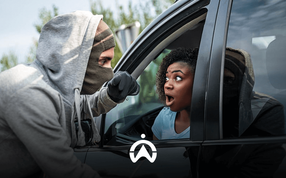 A person in a gray hoodie leans into a car window, appearing to confront the driver inside the vehicle.