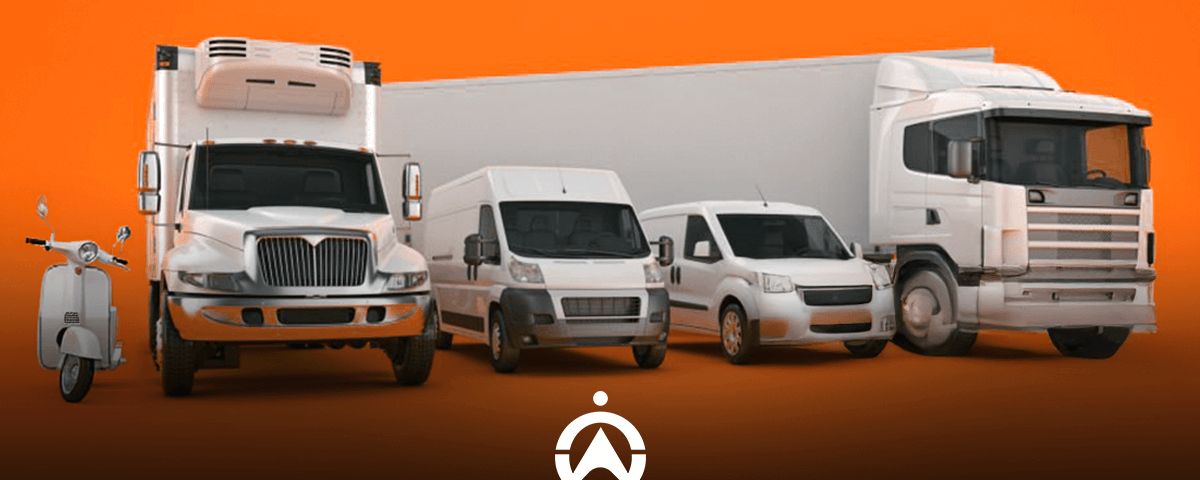 A lineup of delivery vehicles including a scooter, vans, and trucks set against a vibrant orange background.