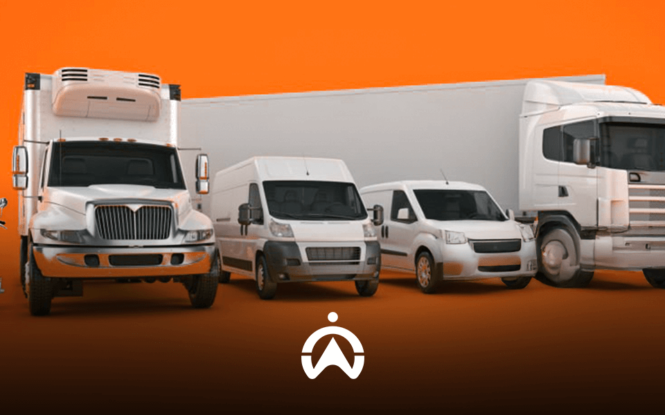 A lineup of delivery vehicles including a scooter, vans, and trucks set against a vibrant orange background.