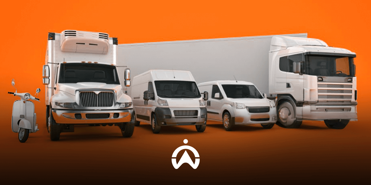 A lineup of delivery vehicles including a scooter, vans, and trucks set against a vibrant orange background.