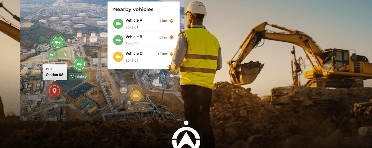 A construction worker in a safety vest stands near heavy machinery, viewing a map displaying nearby vehicles and their distances.