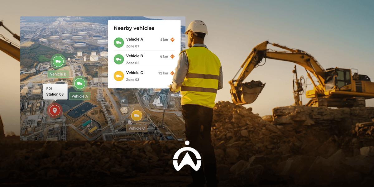 A construction worker in a safety vest stands near heavy machinery, viewing a map displaying nearby vehicles and their distances.