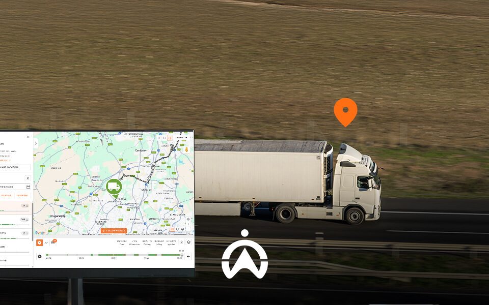 A white truck drives along a highway, with a map interface displaying its location and route details in the foreground.