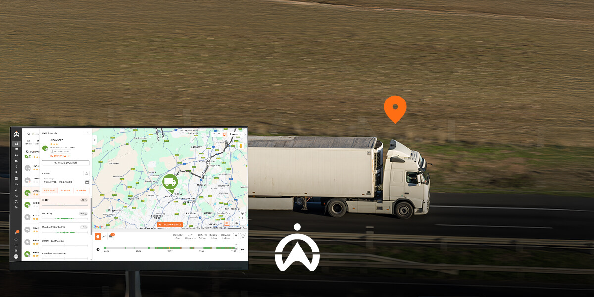 A white truck drives along a highway, with a map interface displaying its location and route details in the foreground.