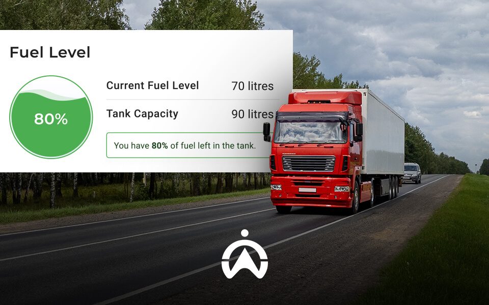 A red truck driving along a highway with a fuel gauge overlay showing 80% fuel level, indicating 70 litres remaining in a 90-litre tank.