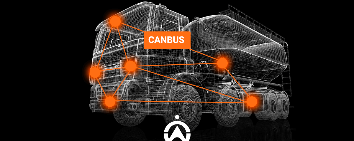3D wireframe illustration of a truck with highlighted CANBUS connections and a logo at the bottom center against a black background.