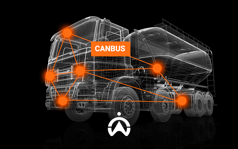 3D wireframe illustration of a truck with highlighted CANBUS connections and a logo at the bottom center against a black background.