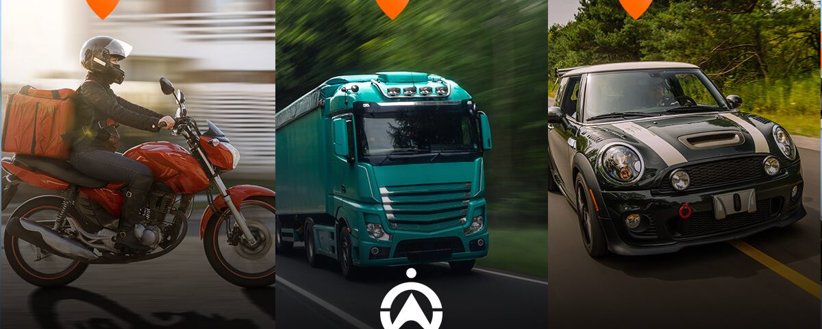 A delivery motorcycle, a green truck, and a sporty car on the road, each marked with a location pin highlighting their journeys.