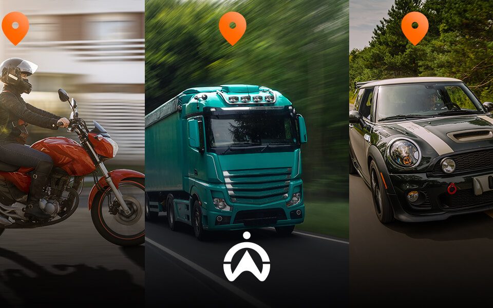 A delivery motorcycle, a green truck, and a sporty car on the road, each marked with a location pin highlighting their journeys.
