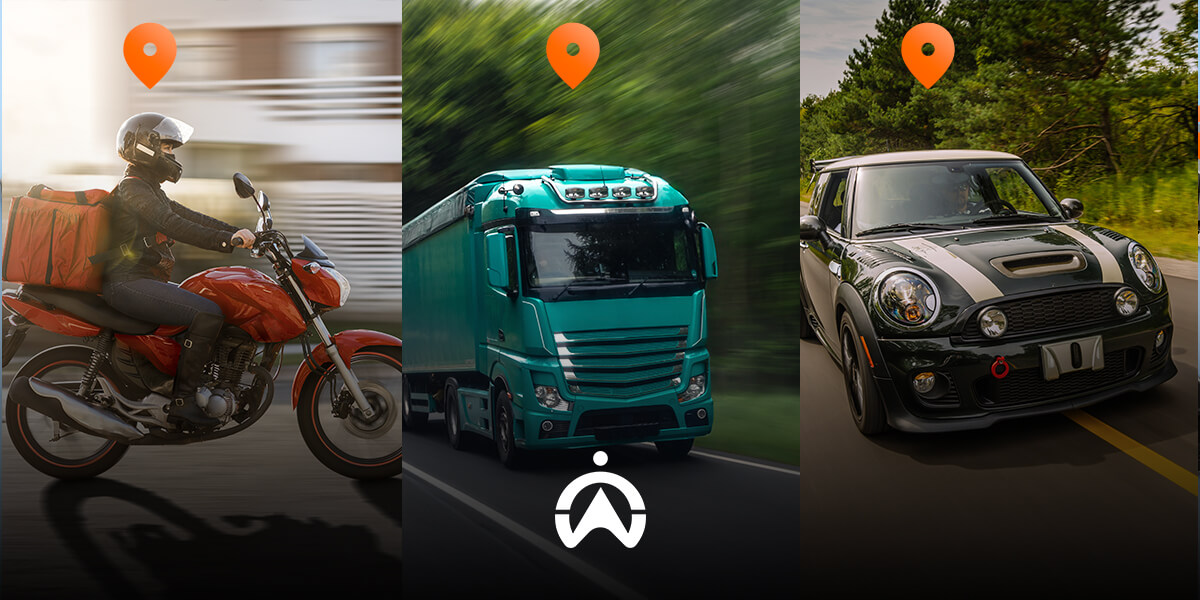 A delivery motorcycle, a green truck, and a sporty car on the road, each marked with a location pin highlighting their journeys.
