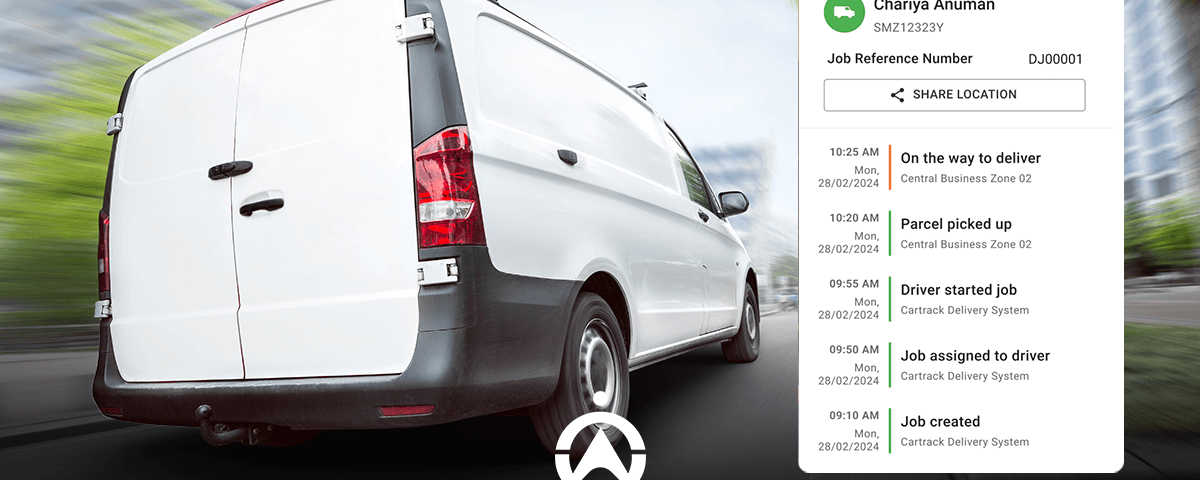 A delivery van in motion with a delivery status update displayed beside it, showing job details and timeline for Chariya Anuman.