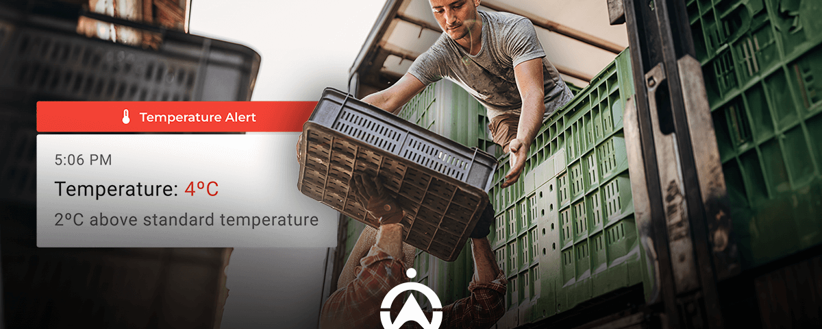 A worker loads crates into a delivery truck, while a temperature alert displays a reading of 4°C, exceeding the standard by 2°C.