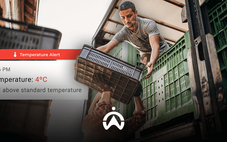 A worker loads crates into a delivery truck, while a temperature alert displays a reading of 4°C, exceeding the standard by 2°C.