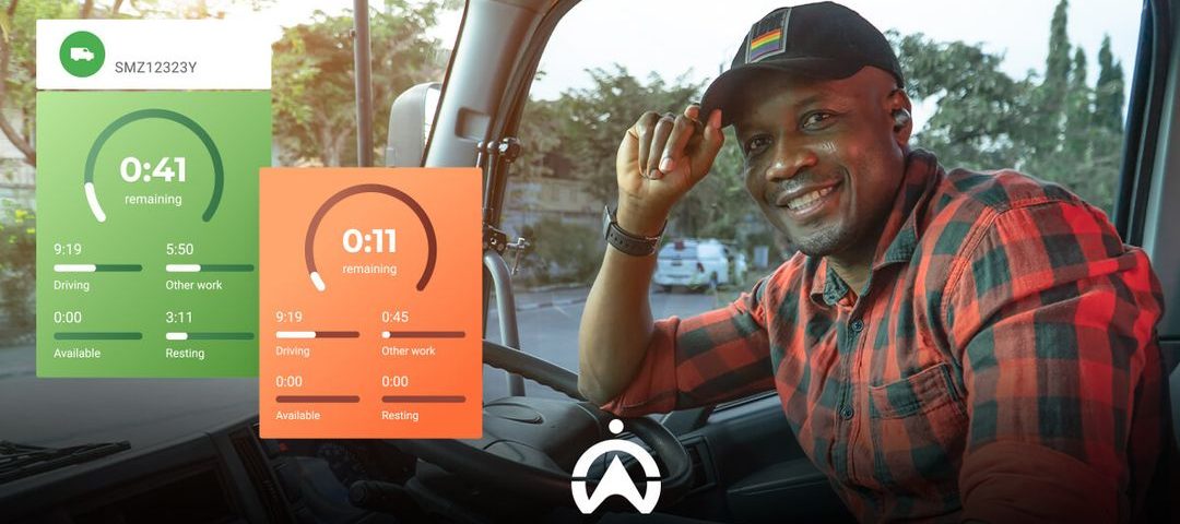 A truck driver in a plaid shirt rests in the cab, monitoring time remaining for driving and work tasks displayed on screen.