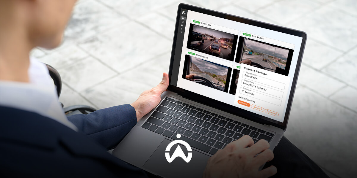 A person using a laptop displaying a video footage request interface with various camera views and settings.