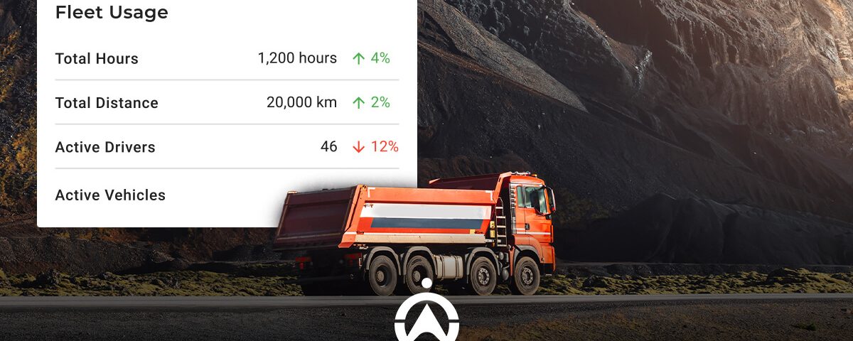 An orange truck on a road with fleet usage stats: 1,200 hours, 20,000 km distance, 46 drivers, and vehicles displayed.