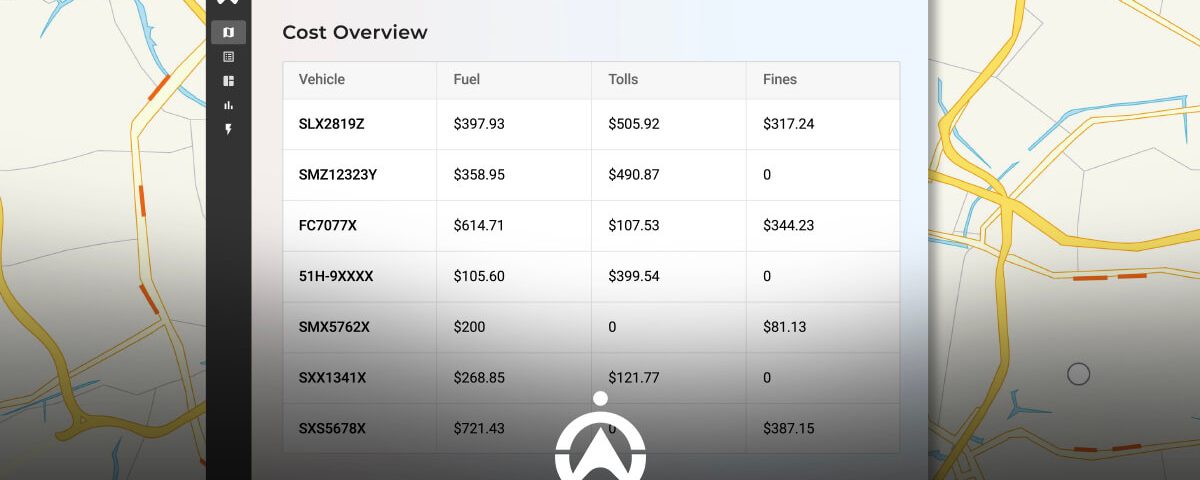 Table displaying vehicle cost overview for fuel, tolls, and fines, overlaying a map background.