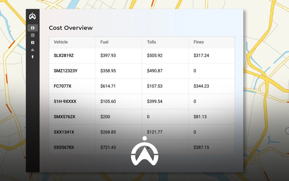 Table displaying vehicle cost overview for fuel, tolls, and fines, overlaying a map background.