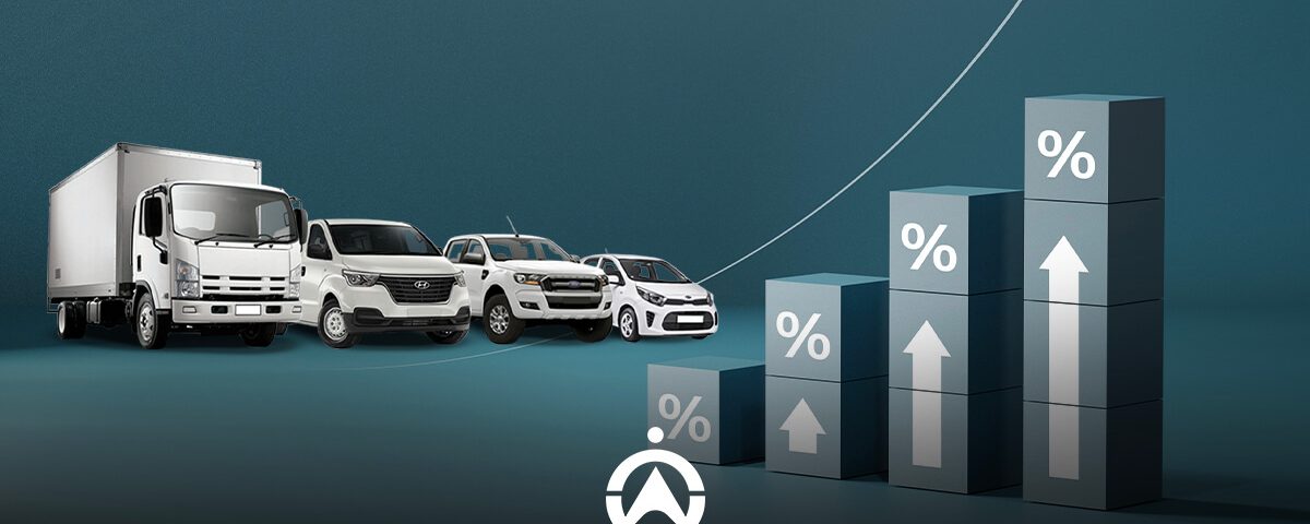 A lineup of diverse vehicles in front of a rising bar chart with percentage signs, symbolizing growth in the automotive industry.
