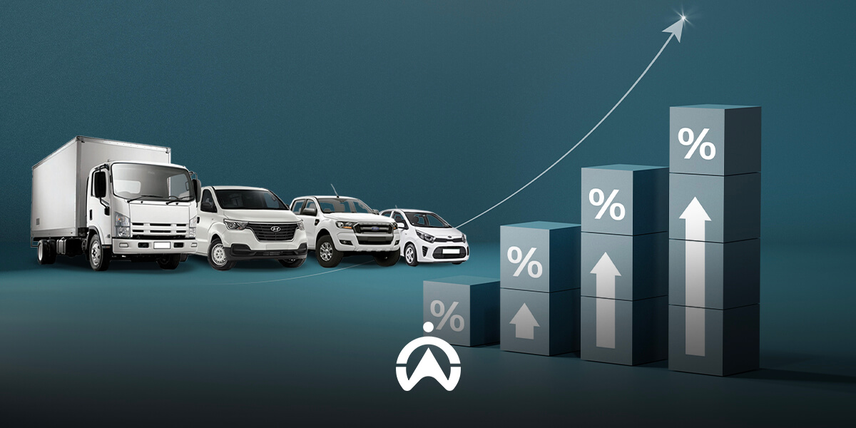 A lineup of diverse vehicles in front of a rising bar chart with percentage signs, symbolizing growth in the automotive industry.
