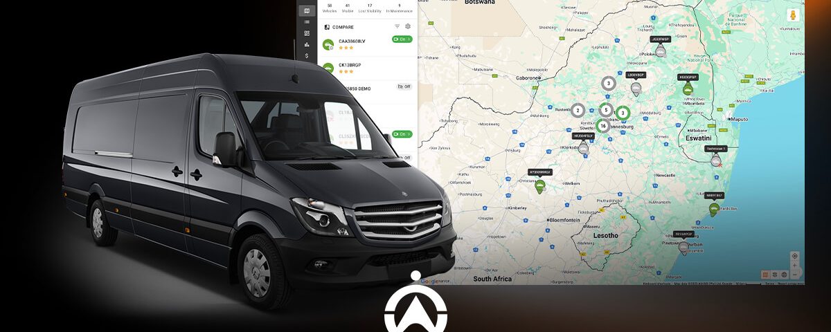 A black delivery van next to a detailed map of southern Africa, showcasing various locations and fleet management options.
