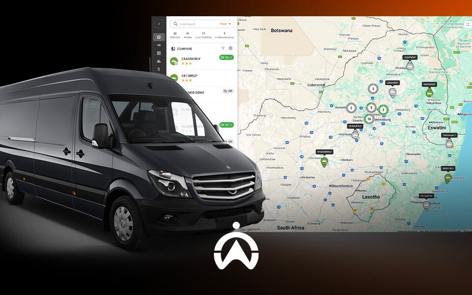 A black delivery van next to a detailed map of southern Africa, showcasing various locations and fleet management options.