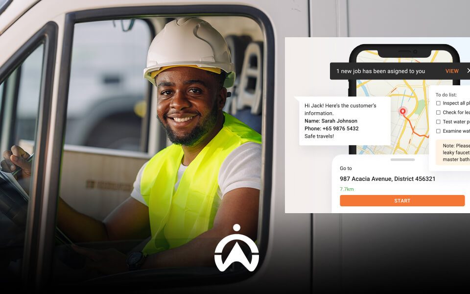 A worker in a safety vest sits in a vehicle, holding a steering wheel, while a phone displays a new job assignment and task list.