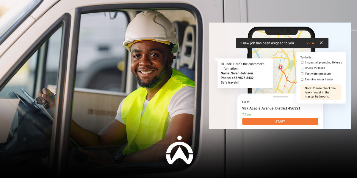 A worker in a safety vest sits in a vehicle, holding a steering wheel, while a phone displays a new job assignment and task list.